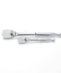 53 Piece Mechanic Tool Set With Quarter And Eighths Inch Drives, two chrome low profile enclosed head ratchets
