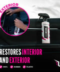 Dope Shine Gloss Dressing With Applicator 16oz Tire Shine Spray And Plastic Restorer For Cars shown on car door