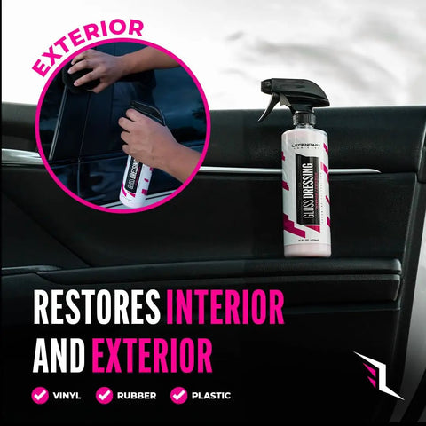 Dope Shine Gloss Dressing With Applicator 16oz Tire Shine Spray And Plastic Restorer For Cars shown on car door