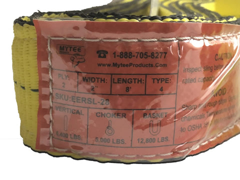 Close-up of label on 4 Pack Beefy 2 Inch By 8 Foot Web Lifting Slings With 6400 Lbs WLL Vertical Lift Straps showing specifications.