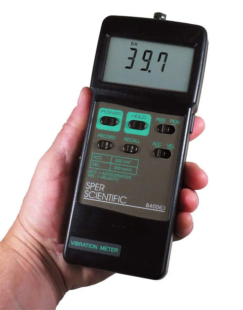 Portable Handheld Vibration Meter With Magnetic Probe For Machinery Vibration Testing Of Velocity And Acceleration Model 840063 Pro Grade Readouts RMS Peak Min Max And Auto Power Off Display, handheld in hand
