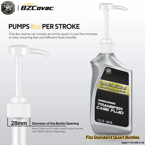 Go To Lower Unit Gear Oil Pump For Quart Bottles With 8cc Stroke, shown with pump and fluid container.