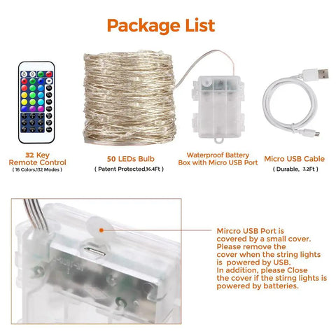 Package list of 16.5Ft 50 LEDs Colorful Fairy String Lights With 132 Modes, Battery Operated And USB Powered, Remote Timer, Waterproof Silver Wire