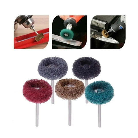 Dope 10 Pack Of 25mm Nylon Abrasive Brush Wheels With A Sturdy 3mm Shank For Mini Grinders And Rotary Tools, showing various colors and designs.