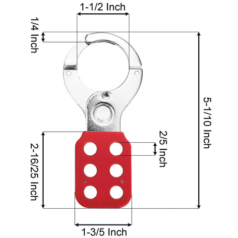 8 Pack Lockout Tagout Hasp Kit With 1.5 Inch Extended Jaw Tamper Proof LOTO Hasps, stainless steel material with red handle, measurements shown.