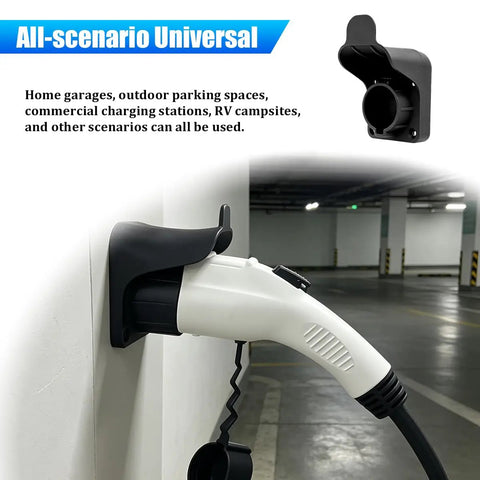 Rock Solid Wall Mount EV Charging Cord Holster Built With Hella Durable Nylon SAE J1772 Cable Organization System for white EV plug mounted.