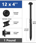 Diagram of Built Tough Heavy Duty Black Hex Exterior Lag Screws 12x4 Inches Rust Resistant, dimensions and weight detailed.