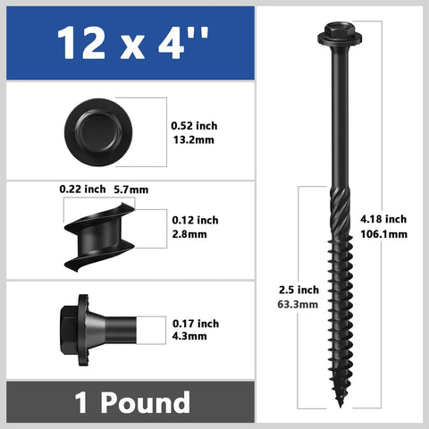 Diagram of Built Tough Heavy Duty Black Hex Exterior Lag Screws 12x4 Inches Rust Resistant, dimensions and weight detailed.