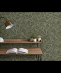 Real Dope Cottage Botanical Wallpaper With Matte Linen Texture And Pvc Free Mix in a cozy home setting with a wooden shelf.