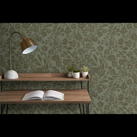 Real Dope Cottage Botanical Wallpaper With Matte Linen Texture And Pvc Free Mix in a cozy home setting with a wooden shelf.