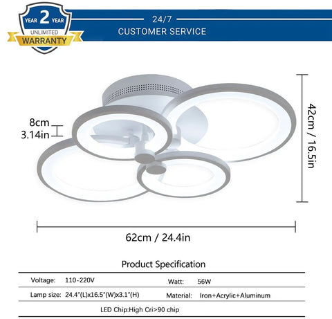 Modern Metal And Acrylic LED Flush Mount Ceiling Light With 56W Power, 3000K To 6500K CCT, Room Filling Lighting For Living Room Kitchen Bedroom Dining, 24 Inch Diameter, Easy Mount Fixture, Not Compatible With Dimmer Switch