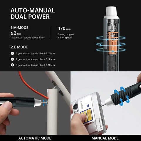 Cordless Electric Screwdriver Kit With LED Light And USB Rechargeable Power showing usage in auto-manual dual power modes
