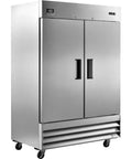 Industrial Reach In Refrigerator With 47 Cu Ft Hella Spacious Double Solid Doors Commercial Grade Stainless Steel Build For Breakrooms front view with heavy duty casters.