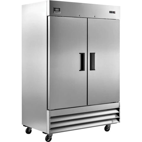 Industrial Reach In Refrigerator With 47 Cu Ft Hella Spacious Double Solid Doors Commercial Grade Stainless Steel Build For Breakrooms front view with heavy duty casters.