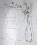 10 Inch Rainfall Shower Head With Handheld Spray Combo In All Metal Chrome 3 Way Diverter on marble wall
