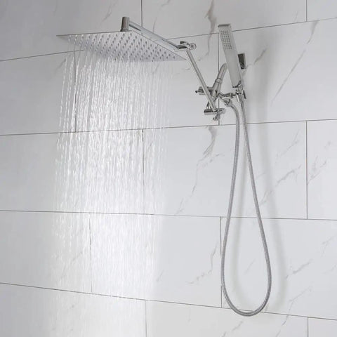 10 Inch Rainfall Shower Head With Handheld Spray Combo In All Metal Chrome 3 Way Diverter on marble wall