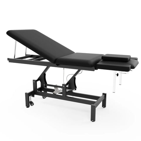 Black Electric Spine Massage Table With Dual Motors And Hydraulic Lift Adjustable Waist Support For Physical Therapy Facial Spa Waxing And Tattoo Clinics Versatile Treatment Bed side view with adjustable headrest.
