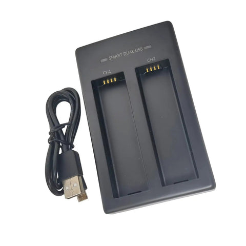 Dual Bay USB Battery Charger Box For 5V Batteries Fast Simultaneous Charging Lightweight Portable Dock With Smart Safety Protections Ideal For Home Office Or Travel On The Go, with USB cable