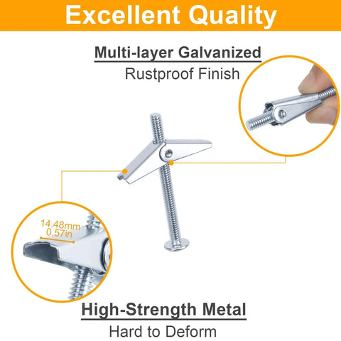 Heavy Duty Quarter Inch Toggle Bolts For Drywall Kit, rustproof galvanized finish, multi-layer, close-up of metal drywall anchor