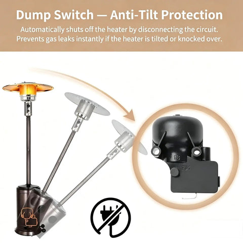 Illustration of Longer 23.5 Inch Thermocouple and FD4 Dump Switch for Propane Patio Heaters with anti-tilt protection feature.