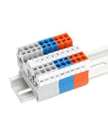 10 Pack DIN Rail Terminal Block Label Strips For PT2.5 ST2.5 UKK3 Standard, mounted on a rail, colored sections visible