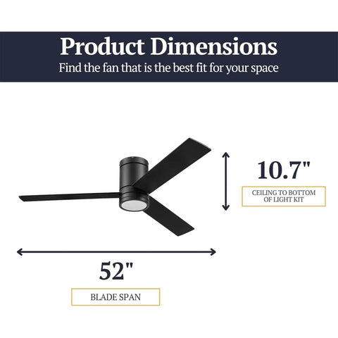 Diagram showing Espy Modern 52 Inch Ceiling Fan With Light And Remote Control dimensions, 52-inch blade span and 10.7-inch height.