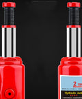 Heavy Duty Top Shelf Rock Solid Two Ton Hydraulic Bottle Jack Smooth Manual Car Lift For Garage And Shop Safe Vertical Design with red finish.
