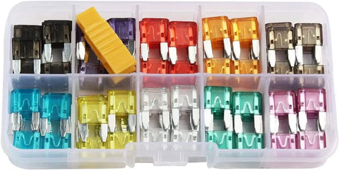 Car Fuse Kit 120 Piece Assortment For Auto And Truck Blade Fuses, assorted colors, in a plastic storage box.