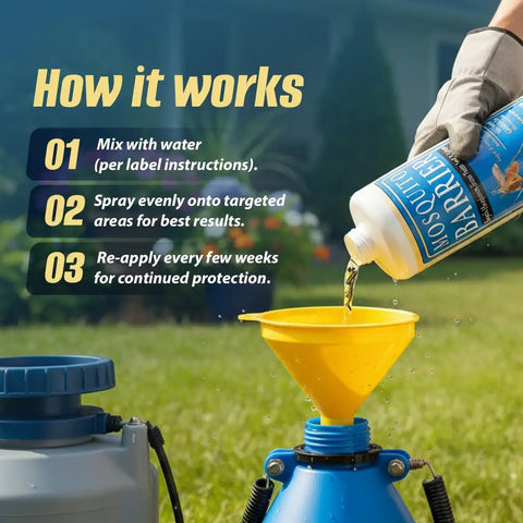 Pouring Liquid Garlic Mosquito Repellent Concentrate for Yards and Lawns into yellow funnel mix container