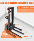 3300 Lbs Full Electric Walkie Stacker Material Lift With Straddle Legs And Adjustable Forks Up To 98 Inches Max Lifting Height showing safe vertical handle and turning radius