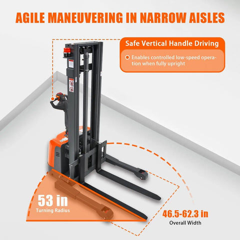 3300 Lbs Full Electric Walkie Stacker Material Lift With Straddle Legs And Adjustable Forks Up To 98 Inches Max Lifting Height showing safe vertical handle and turning radius