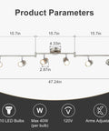 Diagram of 6 Light Track Lighting Fixtures With Swing Arm Heads for Kitchen and Living Room, dimensions and features shown.