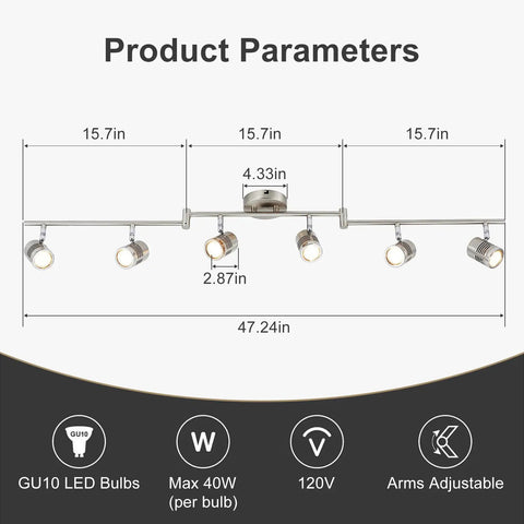 Diagram of 6 Light Track Lighting Fixtures With Swing Arm Heads for Kitchen and Living Room, dimensions and features shown.
