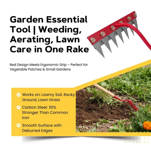 Upgraded 3.0 Weeding Rake with Seven Carbon Steel Tines Three Wood Handles and Quick Lock Rotating Head for Heavy Duty Yard Work