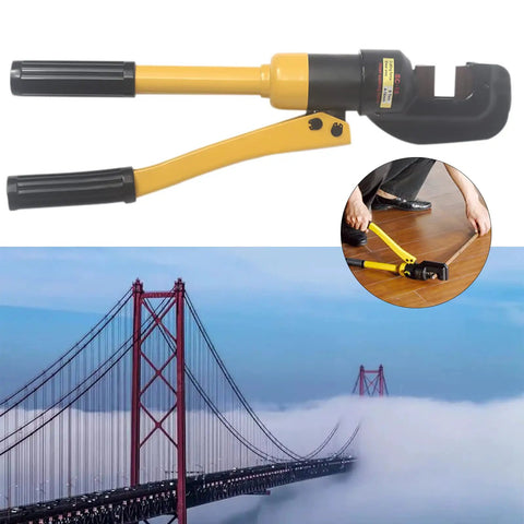 Heavy Duty Hydraulic Rebar Cutter 13 Ton Cuts Up To 22mm Steel Rods, portable tool with yellow handles and black cutting head.