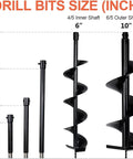 Gas Powered Post Hole Digger Workhorse with drill bit size chart showing 6 and 10 inch auger blades