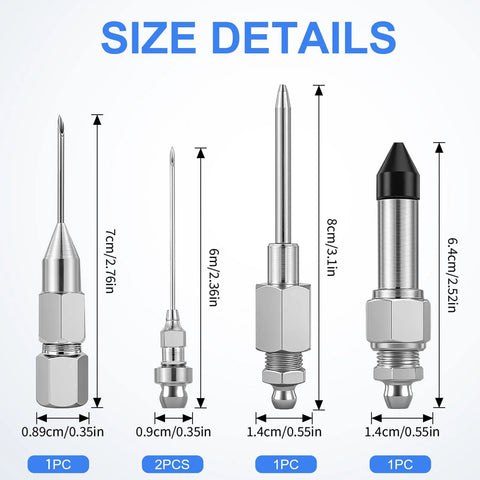Grease gun needle tip kit, 5-piece set with metal tips, 2 nozzle tips, and rubber joint; Amazon brand.