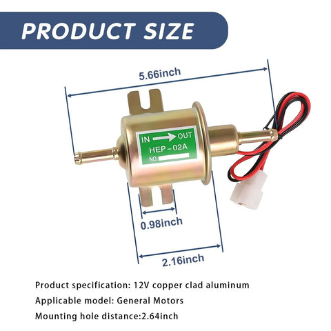 Front view of 12V Inline Fuel Pump Beefy Low Pressure 3 To 5 Psi Copper Clad Body Model HEP 02A with dimensions