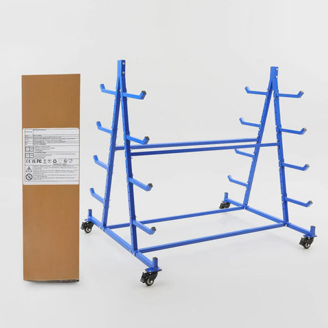 Top Tier Horizontal Storage Rack With Dual Sided Shelves And Swivel Casters 5 Tier Rolling Steel Cart Built Like A Tank For Garage Shop And Warehouse Organization Blue next to its packaging.