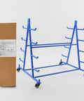 Beefy Double Sided Five Tier Horizontal Storage Rack With Wheels, 500 Pound Capacity Mobile Pipe Rack That Rolls Smooth And Stores Your Heavy Gear Without A Sweat, Rustproof Steel Cart in blue, viewed from the side with packaging.
