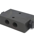 Rectangular metal double pilot-operated hydraulic check valve with two 1/2 in NPT ports on the front and a side hex nut