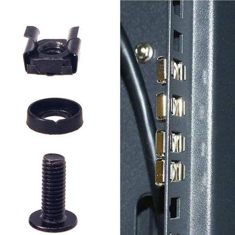 Precision Heavy Duty M6 Cage Nut Kit With Screws And Protective Washers For Server Rack Mounting including black nuts and screws.