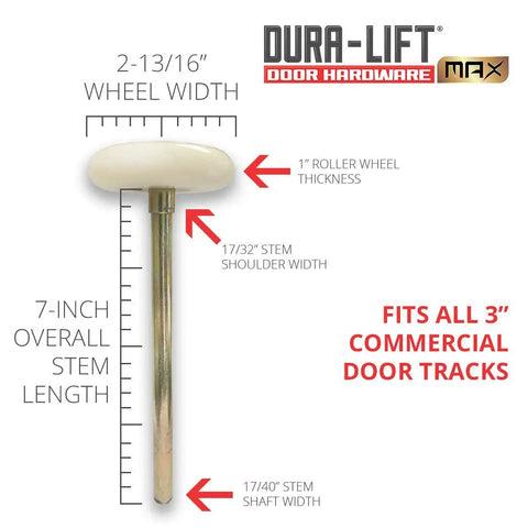 Ultra Life 3 Inch Sealed 6201ZZ Nylon Garage Door Roller With 7 Inch Stem Pack Of 10 with measurements displayed