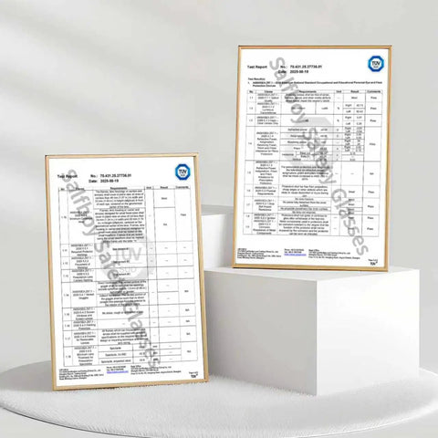 Two test reports in frames detailing Heavy Duty Wraparound Safety Glasses Featuring Anti Fog Lens And Ansi Z87.1 Certification.