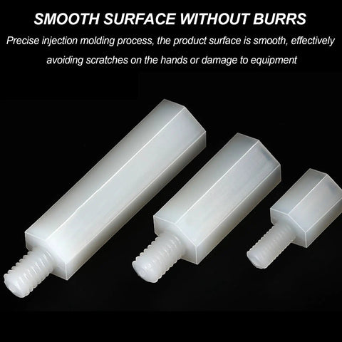 100 Stack M2.5 White Nylon Studs Hex Standoffs For Circuit Board Rig and Electronics Projects Durable Heavy Duty Non Conductive PCB Hardware Slick Finish Solid Gear, smooth hex standoffs