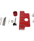 Top Tier 2 In 1 Shelf Pin And Cabinet Hinge Jig Kit Crafted From Solid Aluminum With Four Hardened Steel Drill Bits For No Sweat Hole Placement On Any Weekend Carpentry Or House Upgrade Project, parts laid out.