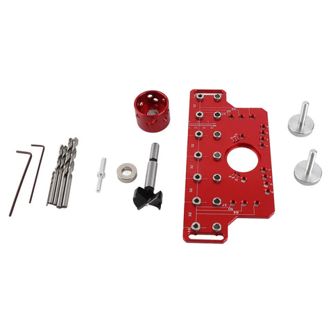 Top Tier 2 In 1 Shelf Pin And Cabinet Hinge Jig Kit Crafted From Solid Aluminum With Four Hardened Steel Drill Bits For No Sweat Hole Placement On Any Weekend Carpentry Or House Upgrade Project, parts laid out.