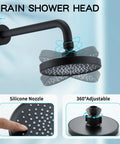 Matte black 6-inch rain shower head with silicone nozzles and 360° adjustment, part of Shower Tub Kit With Single Handle Trim And Valve Included Built To Last Matte Black Finish 6 Inch Rain Shower Head Durable Stainless Steel And Zinc Alloy Faucets Set For Modern Bathtub Remodel.