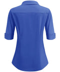 Back view of Womens Stretch Button Up Shirt With Three Quarter Sleeves In Classic Blue Solid, perfect for office or casual wear.