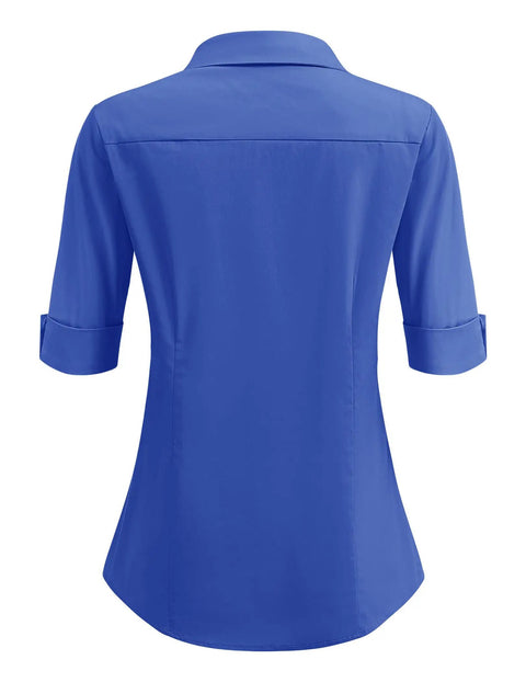 Back view of Womens Stretch Button Up Shirt With Three Quarter Sleeves In Classic Blue Solid, perfect for office or casual wear.